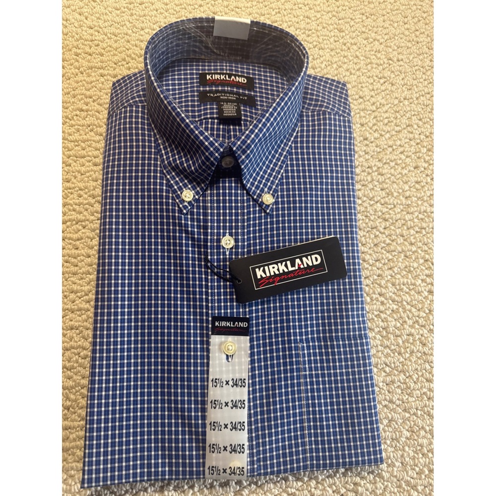Kirkland Signature Blue Gingham Dress Shirt 15.5 34/35 Non-Iron Traditional Fit